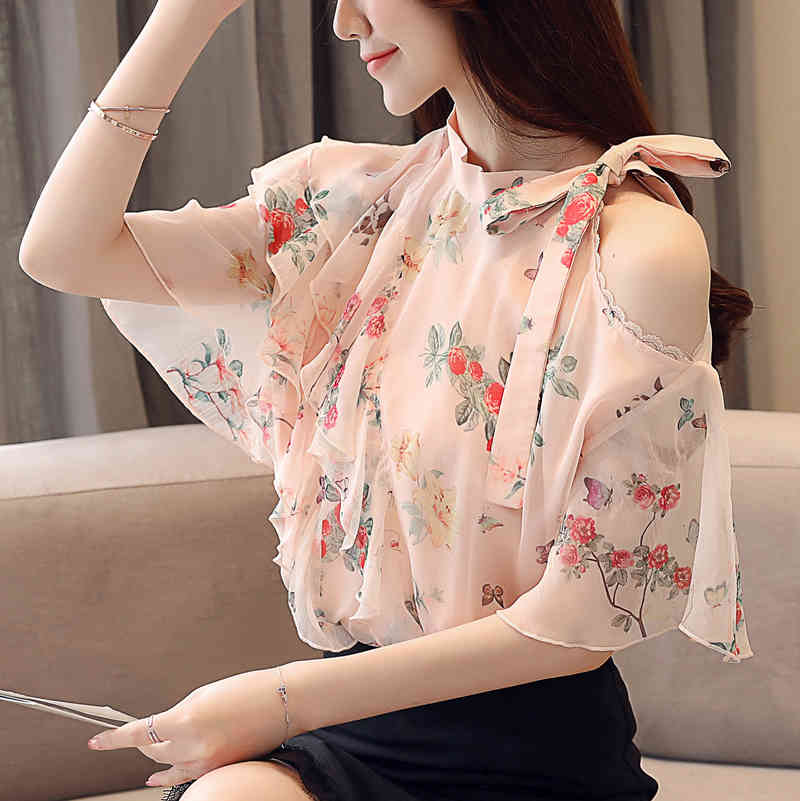 Mujer De Moda Summer Short Sleeve Floral Chiffon Blouse Women Off-Shoulder Flounced Loose-Fit Tops Blusas 8673 50 210427