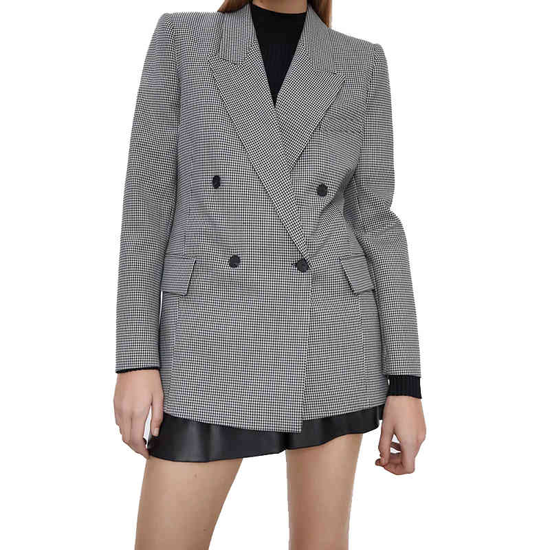 Women Elegant Plaid Blazer Long Sleeve Double Breasted Slim Check Coat Office Work Lattice Suit Jacket Outerwear 210520
