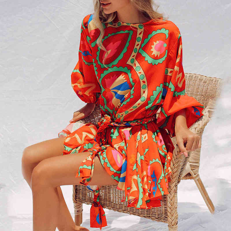 Getspring Women Dress Lantern Sleeve Bandage Printing Dresses Long Short Bohemian For Fashion 210513