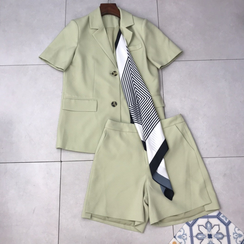 Wonder Shorts Suits Elegant Scarf Short Sleeve Notched Blazer Jacket+Pocket Mini Two Pieces OL Sets 210510