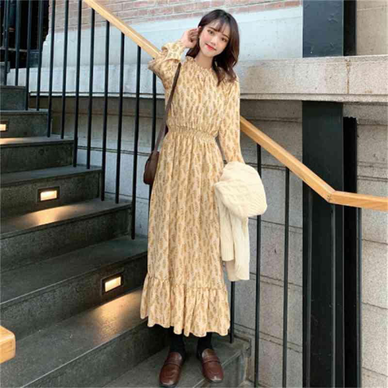 Spring Vintage Korean Printed Long Dress Women Sleeve Stand Collar Loose Waist Fashion Dresses Elegant Casual Vestidos 210518