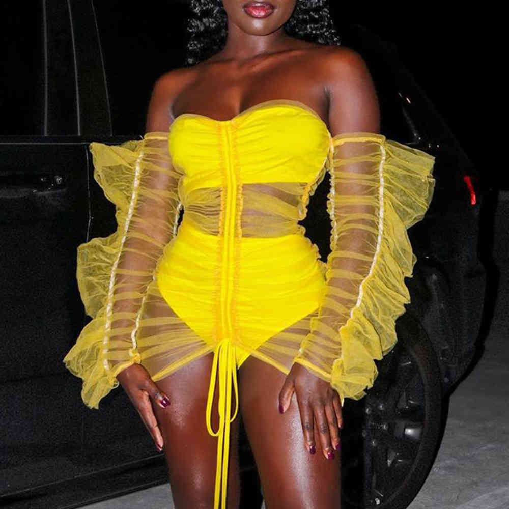 Summer Women Yellow Lace Off Shoulder Club Party Dress Sexy Long Puff Sleeve Evening Celebrity Runway Mini 210423