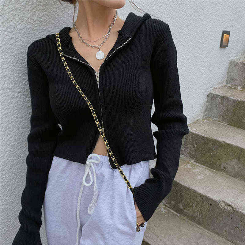 Rimocy Autumn Zip-up Cardigans Women Casual Slim Fit Knitted Hoddied Crop Cardigan Woman Korean Solid Color Sweaters Ladies 211117