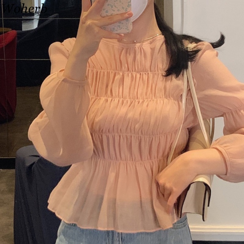 Korean Pleated Chiffon Shirts Women Summer Casual Blusa Puff Sleeve O Neck Slim Fit Blouse Temperament Solid Tops 210519