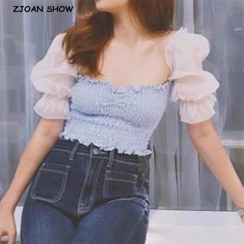 Puff Sleeve Gauze Spliced Plaid Crop Top Women Sexy Wood Ears Ruffle Tank Tops Summer Cool Girl Streetwear Slim Fit Tees 210429