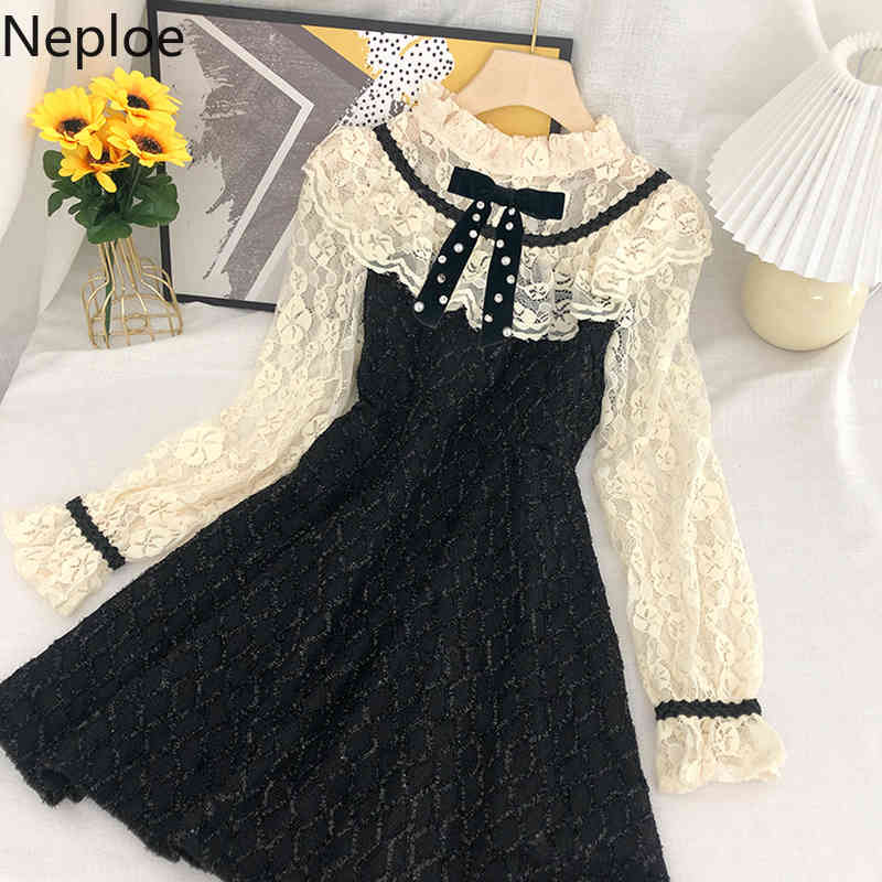 Neploe Dresses for Women Vintage Lace Crochet Floral Patchwork Vestidos Spring Clothes Sweet Elegant Mini Dress Female 4H313 210422