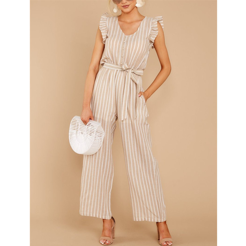 Casual Women V Neck Stripe Jumpsuits Summer Fashion Ladies Ruffles Beach Rompers Female High Waisted Lacing Jumpsuit 210515
