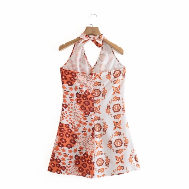 Summer Women Flower Printing Splicing Halter Mini Dress Female Sleeveless Clothes Casual Lady Loose Vestido D7713 210430Z