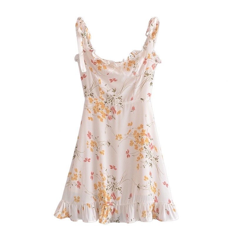 Summer Ivory Color Floral Print Women Dress Ruffles hem Tie Bow Strap Sleeveless Mini Sexy Beach Holiday Vintage 210429