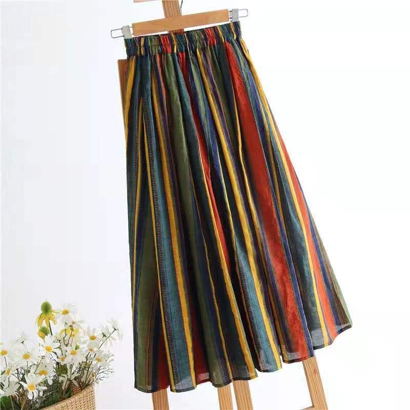 Arrival Summer Women Casual Elastic Waist A-line Skirts All-matched Striped Cotton Linen High Skirt W215 210512