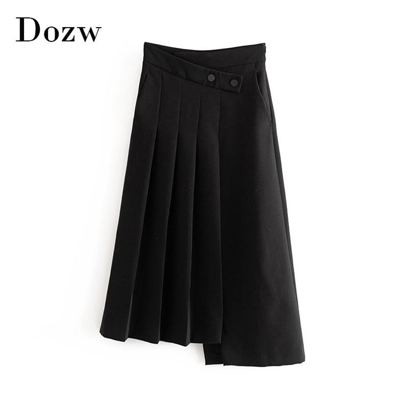 Women Fashion Office Wear Black Midi Skirt Stylish Asymmetrical Pleated Split s Ladies Chic High Waist Solid 210515