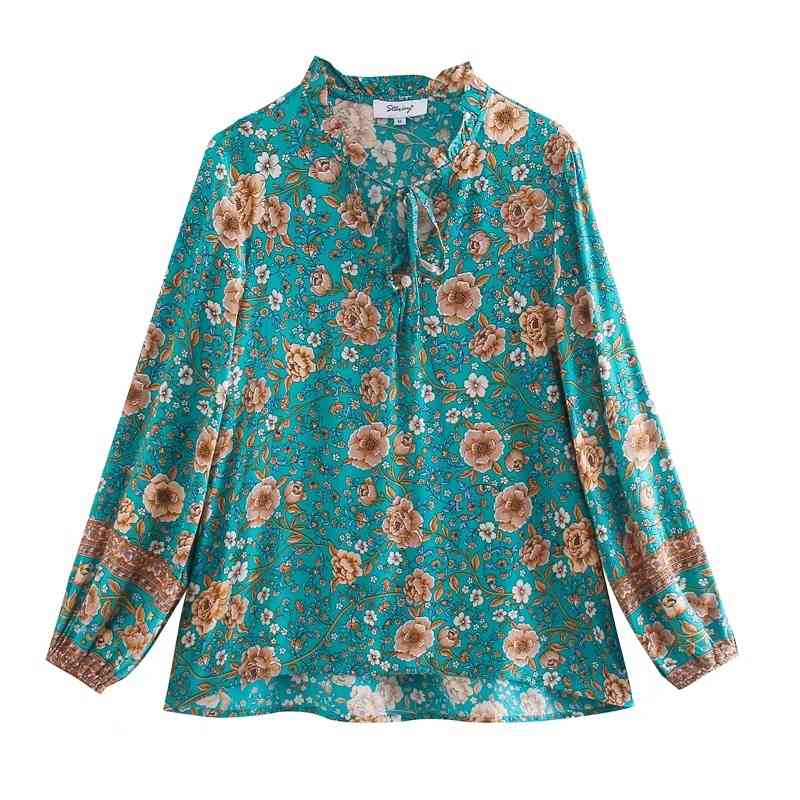 3 colors Bohemian Floral Print Pullover Shirt Ethnic Women Bow Lace Up Wood ears Collar Long Sleeve Blouse Tops 210429