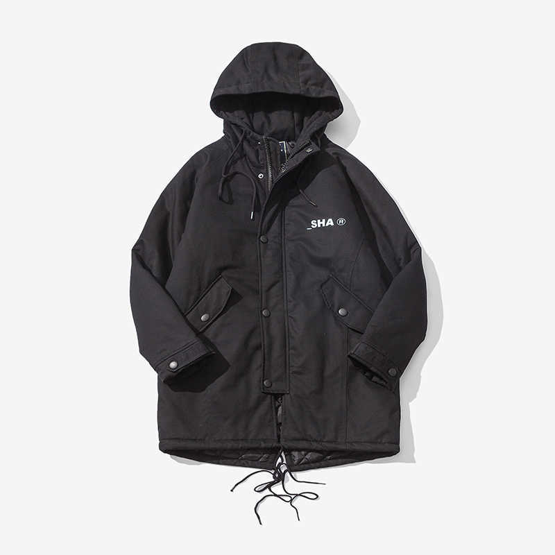 Casual Men Winter Parka Mid-Length Printed Warm Jacket Outwear Windproof Coat Hooded Streetwear Japanese Style High Quality 210603