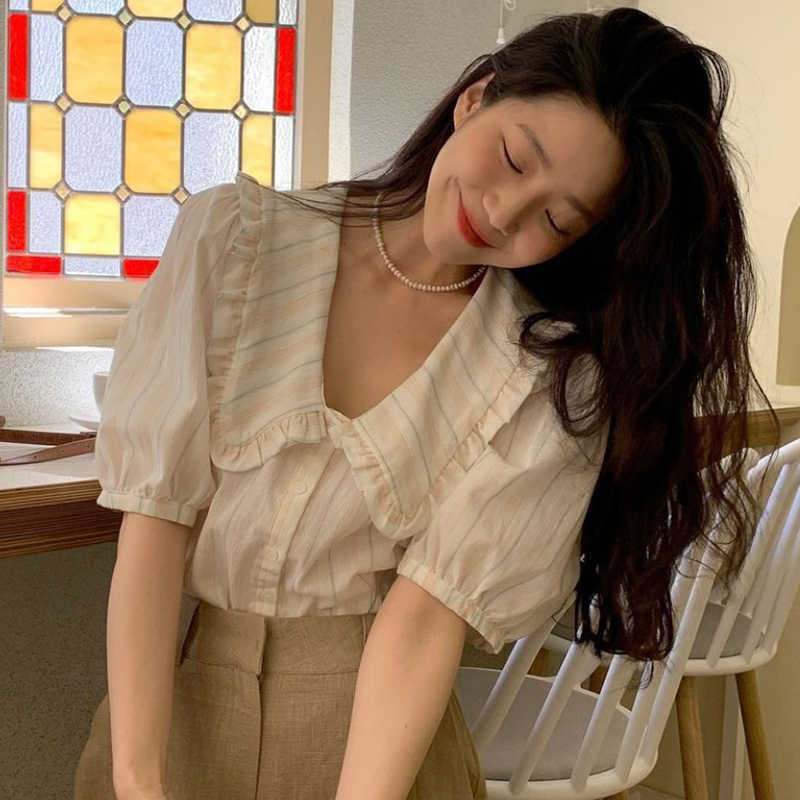 Korejpaa Women Shirt Korea Summer Gentle Elegant Doll Collar Striped Single-breasted Loose Joker Bubble Sleeve Blouse Top 210526