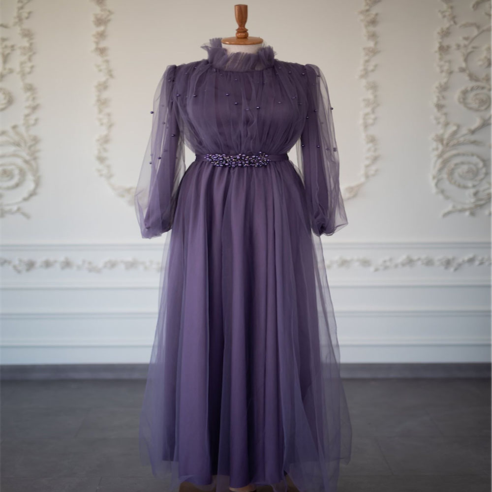 Elegant Purple White Muslim Evening Dress In Dubai High Neck Tulle Arabic Prom Gowns With Beaded Puff Sleeve Women Formal Party Wear abendkleider Mari