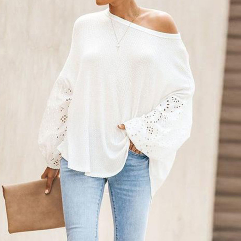 Elegant Embroidery Floral Hollow Out Blouse Women Loose Shirt Casual White Lantern Sleeve Spring Tops Plus Size 3XL 210428