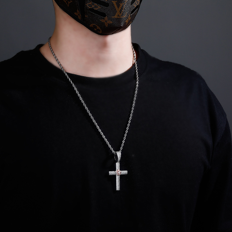 Hip Hop Rose Cross Pendant Necklace Shining Bling Zirconia For Men Women Gift with Twisted Rope Chain