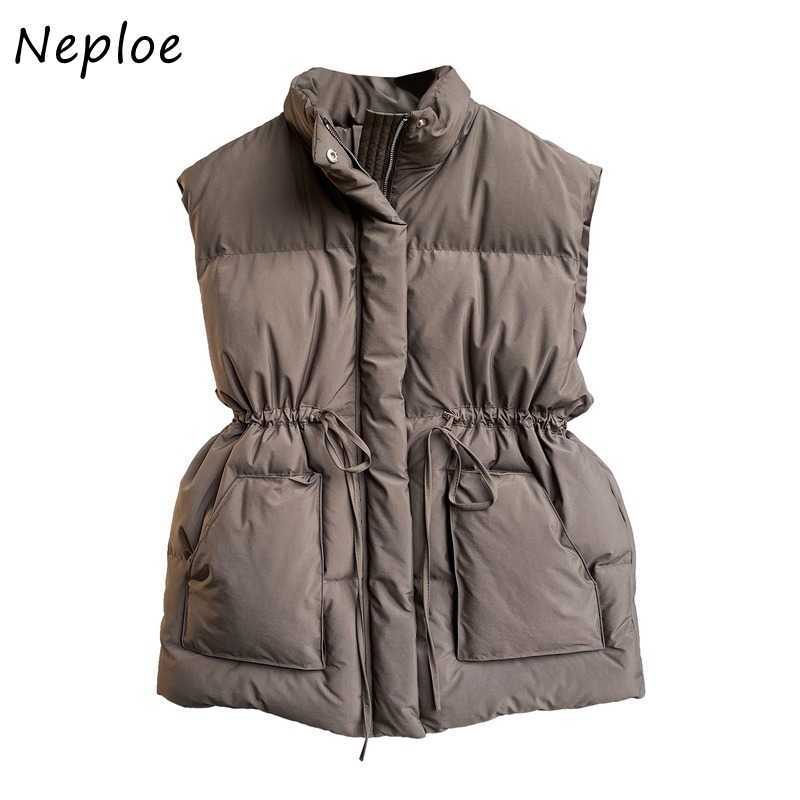 Neploe Double Pockets Chic Drawstring Slim Waist Vest Autumn Winter Solid Color Cotton Tank Top Sleeveless Parkas 210819