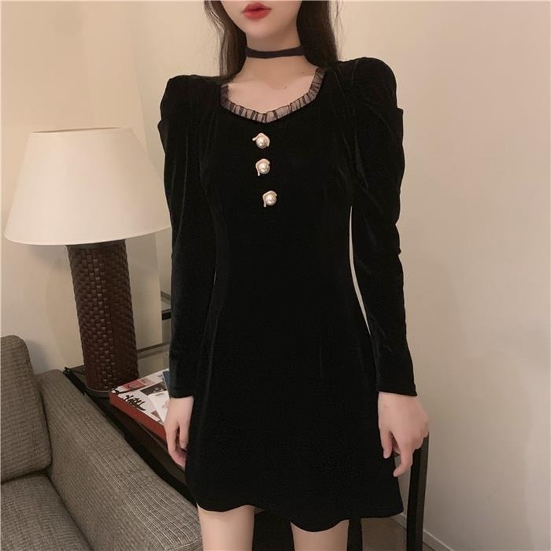 Gothic Black Mini Dress Women Long Sleeve Elegant Vintage Evening Party Y2k Dress Female Dress Korean Autumn Chic 210521
