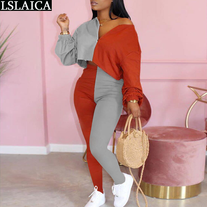 Two Piece Set Top And Pants Color Matching Casual Long Sleeve o Neck Trousers Sets Outfit Autumn Women Tracksuit 210515