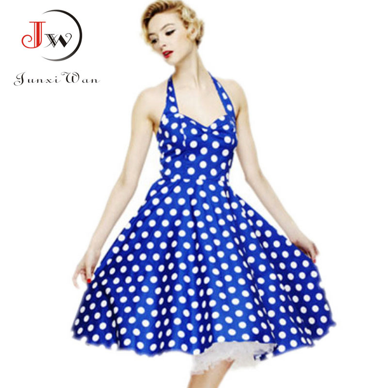 Women Polka Dot Dress Summer Hepburn 50s 60s Vintage A-Line Halter Rockabilly Retro Party es Vestidos 210510