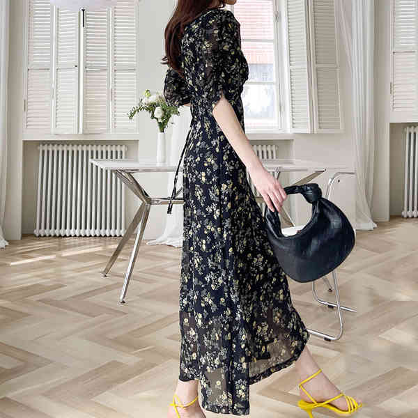 Korean Chic Retro Boho Dress Summer Sweet Floral Print Women's Ruched V-Neck Chiffon Long Dresses Vestidos 210519