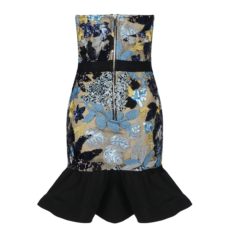 High Quality Celebrity Blue Print Strapless Pencil Bandage Dress Elegant Club Party Vestidos 210623