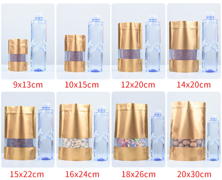 100pcs Stand up Matte Gold Aluminum Foil Window Zip Lock Bag Golden Resealable Meat Coffee Powder Snack Nuts Xmas Gifts Heat Sealing Packaging Pouches
