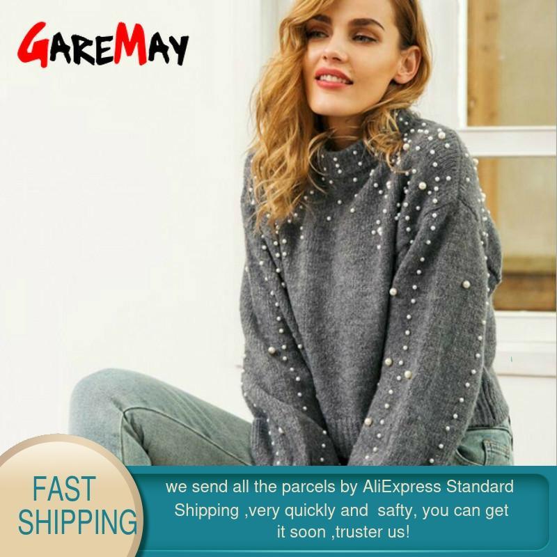 winter warm Pearls beads sweaters women's lantern sleeve knitted turtleneck Loose pullover female grey for women 210428