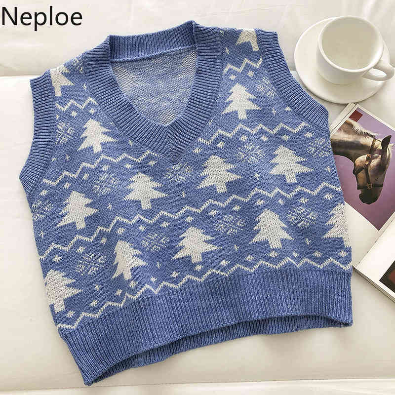 Neploe Vintage Christmas Trees Sweater Vest Women V-neck Knitted Korean Pullovers Waistcoat Loose Short Tank Tops Femme 4H368 210422
