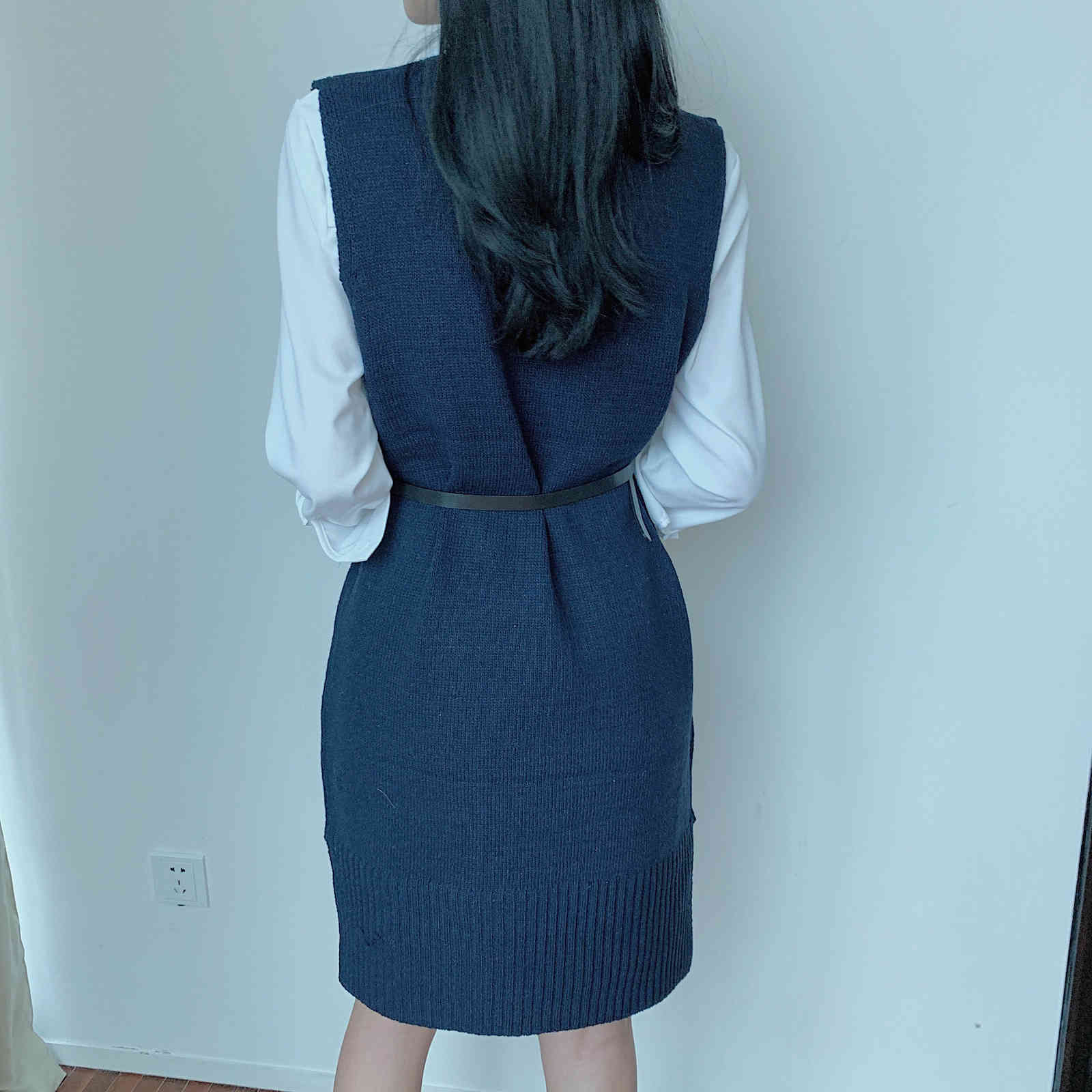 Autumn Winter long Knitted Women Sweaters vest Pullover Sleeveless Warm Casual Solid Dresses Vestido with belt 210519