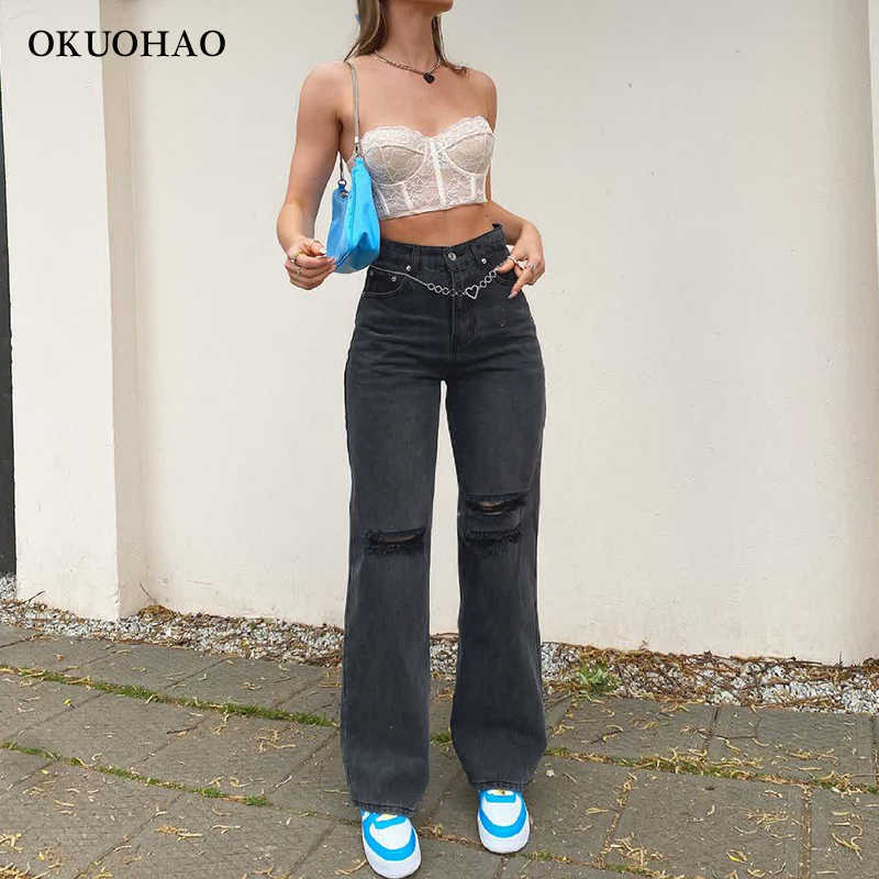 Black Ripped Straight Leg Jeans For Women Fashion Tassel Loose Y2k Streetwear Baggy Jean Pants Mom Casual Wash vintage Trousers 210922