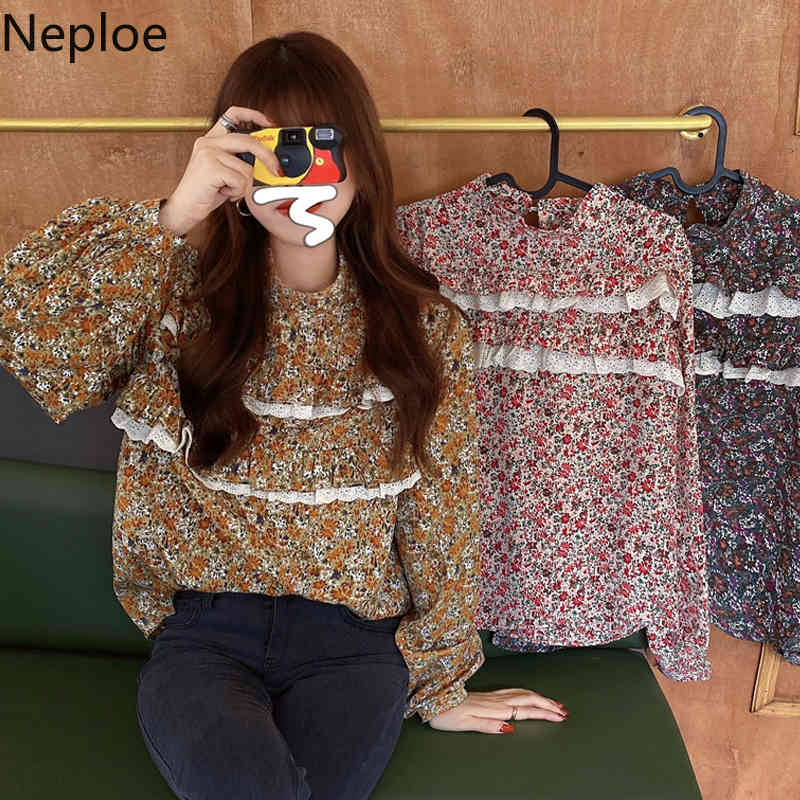 Neploe Korean Chic Vintage Shirt Stand Neck Loose Floral Blouses Women Lace Patchwork Ruffles Blouse Blusas Mujer De Moda 210422