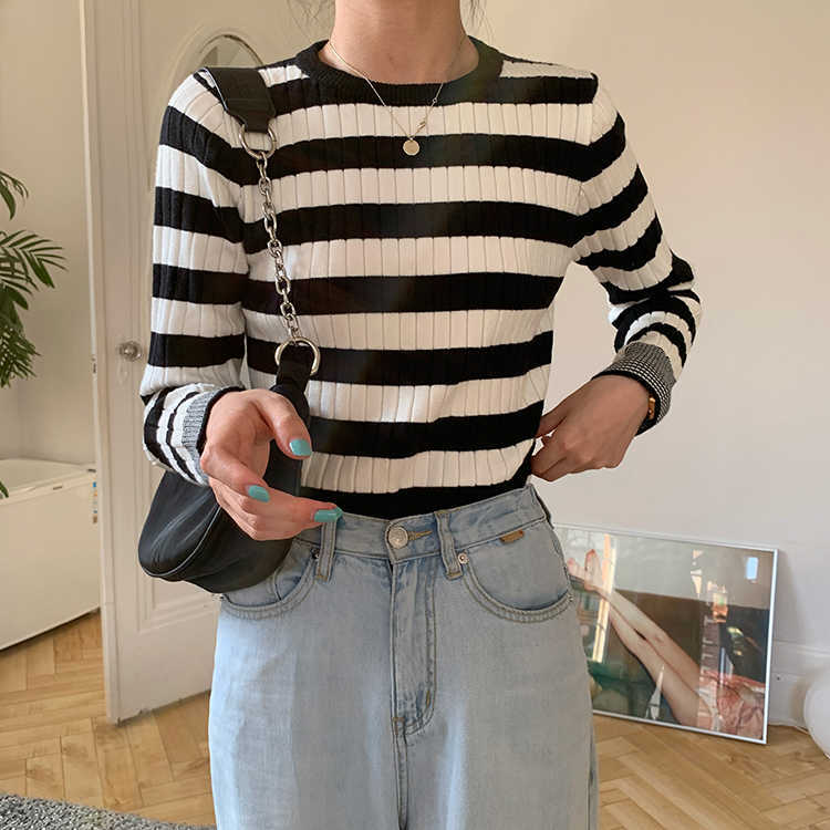 Colorfaith Spring Autumn Women's Sweaters Pullover Slim Bottoming Knitted Striped Vintage Korean Lady Wild Tops SW6690 210917