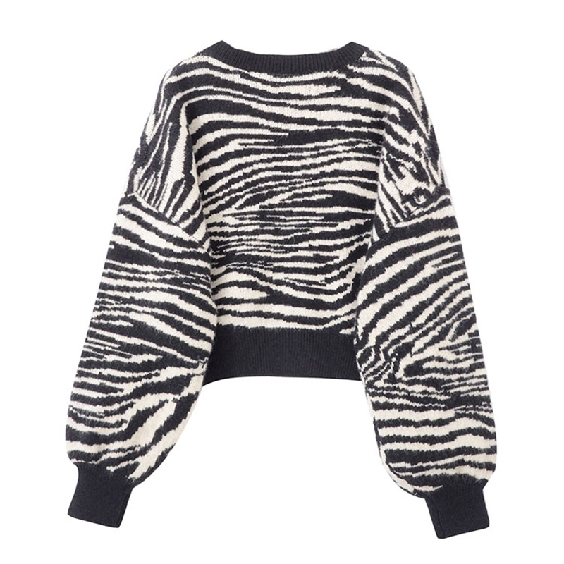 Zebra Casual Short Knitted Tops For Women O Neck Long Sleeve High Street Chic Sweater Female Autumn Fashion 210524