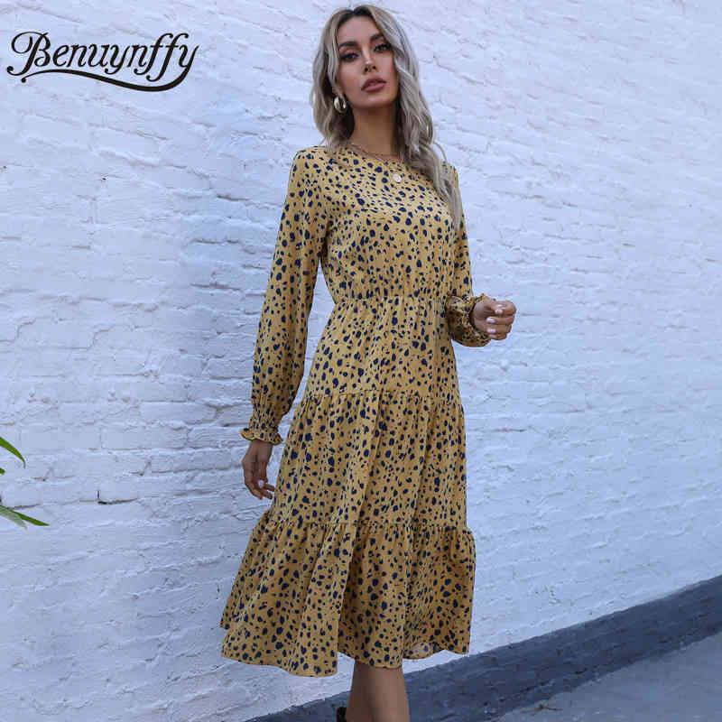 Crew Neck Long Sleeve Ruffle Knee Length Dresses Women Spring Autumn High Waist Vacation Casual Print A-Line Dress 210510