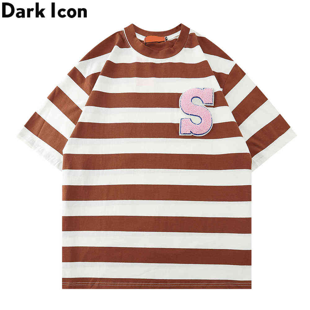 Letter Embroidery Big Stripe Men's T-shirt Streetwear Cotton Tshirts fro Men Man Cloth 210603