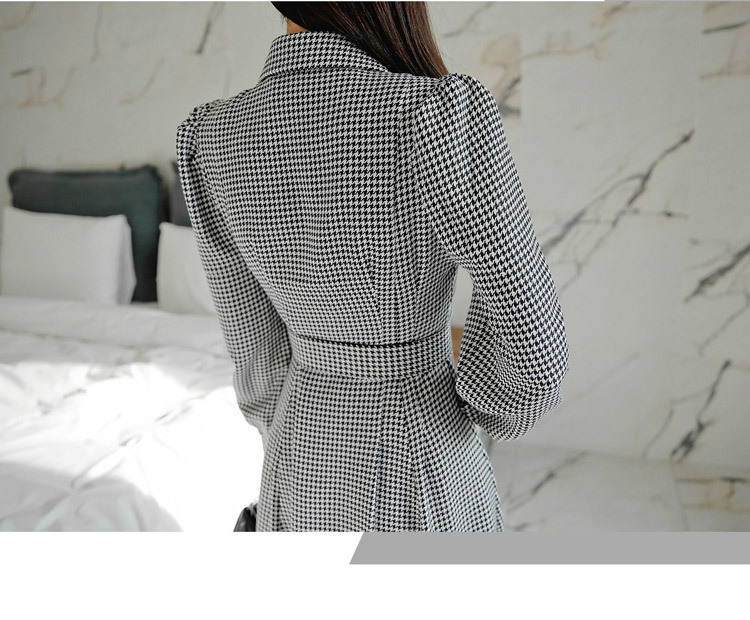 Winter Elegant Single-Breasted Houndstooth Dress Turn Down Collar Long Sleeve Slim With Belt Midi Vestidos 210520