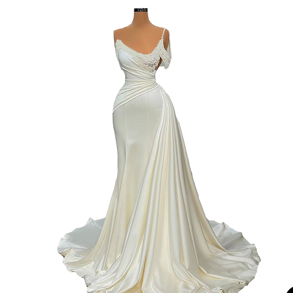 Classic Mermaid Formal Prom Dresses With One-shouder Strapless Pearl Evening Dress Chic Tiered Party Gowns Custom Made Satin Robe de mariée