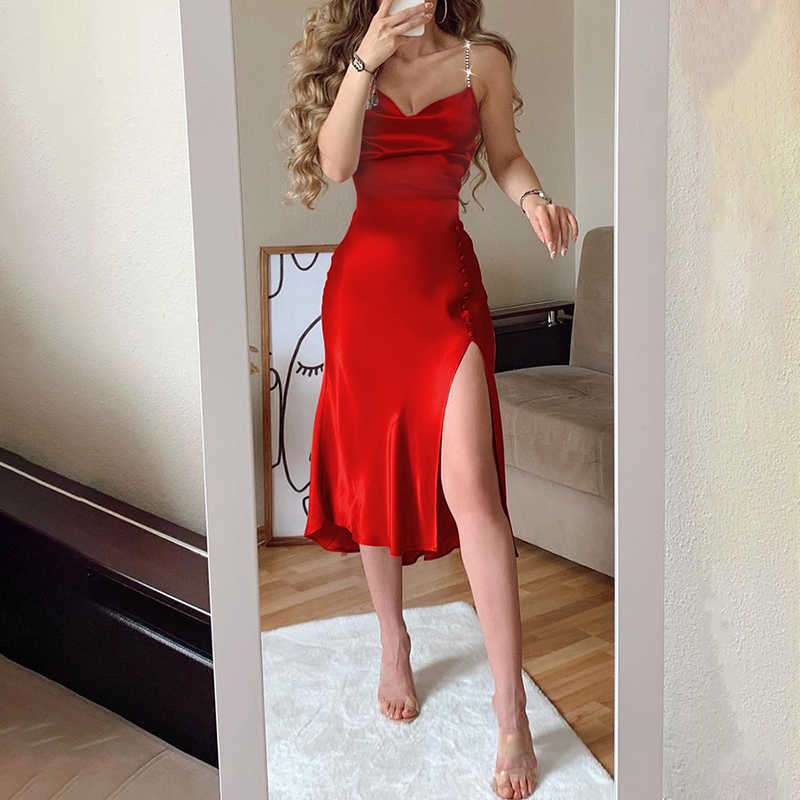 Women Fashion Spaghetti Strap Midi Dress Slip Dress Women Sexy Slim Fit Bodycon High Slit Party Dress 210716