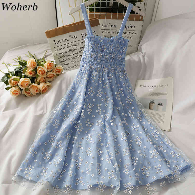 Women Floral Printing Vintage Dress Summer Sexy Spaghetti Strap Mesh Dresses Woman Cute Kawaii Robe Korean Chic 210519