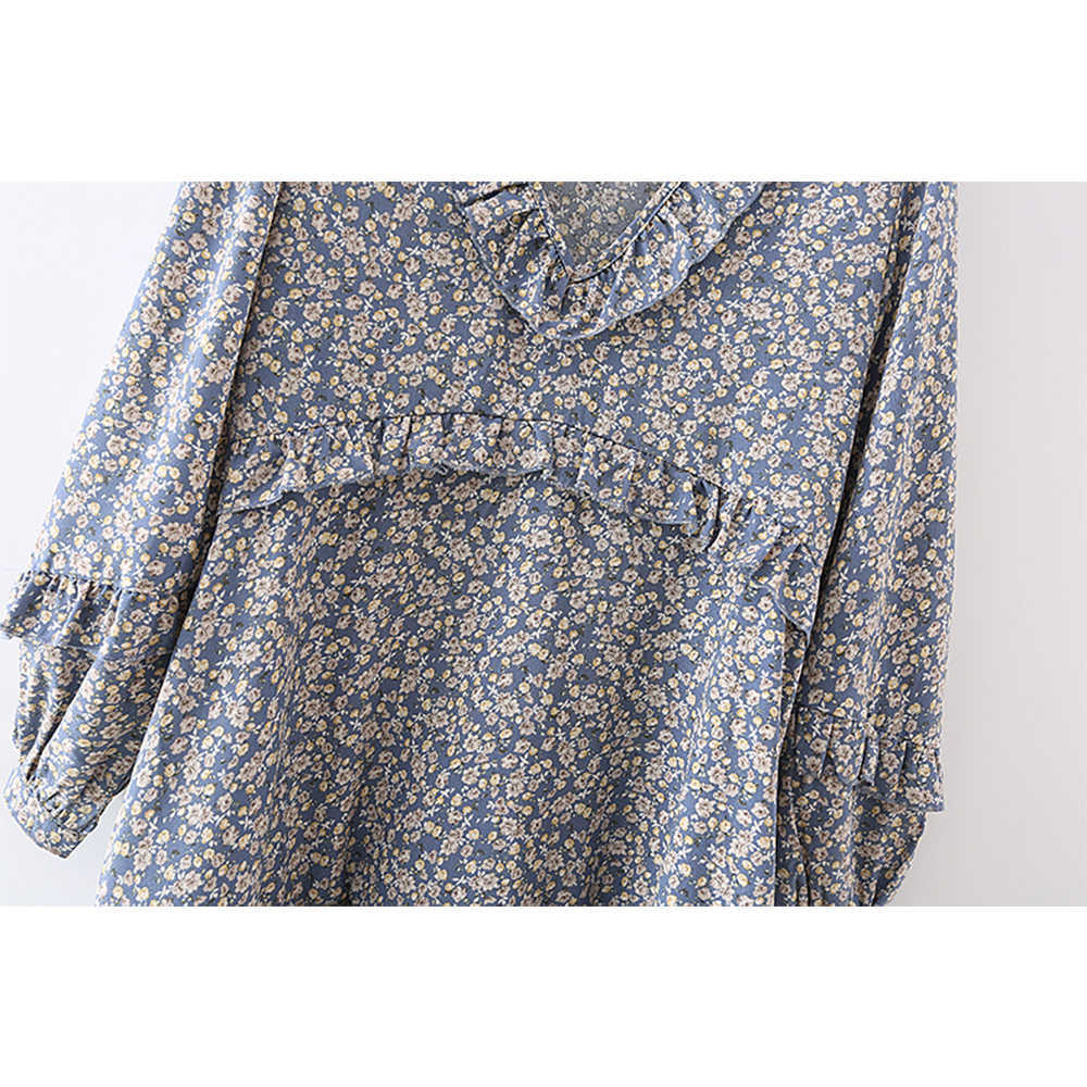 Women Dress Floral Printed V-neck Long Sleeves Ruffled Hem Vintage Casual Short Woman Dresses 210709
