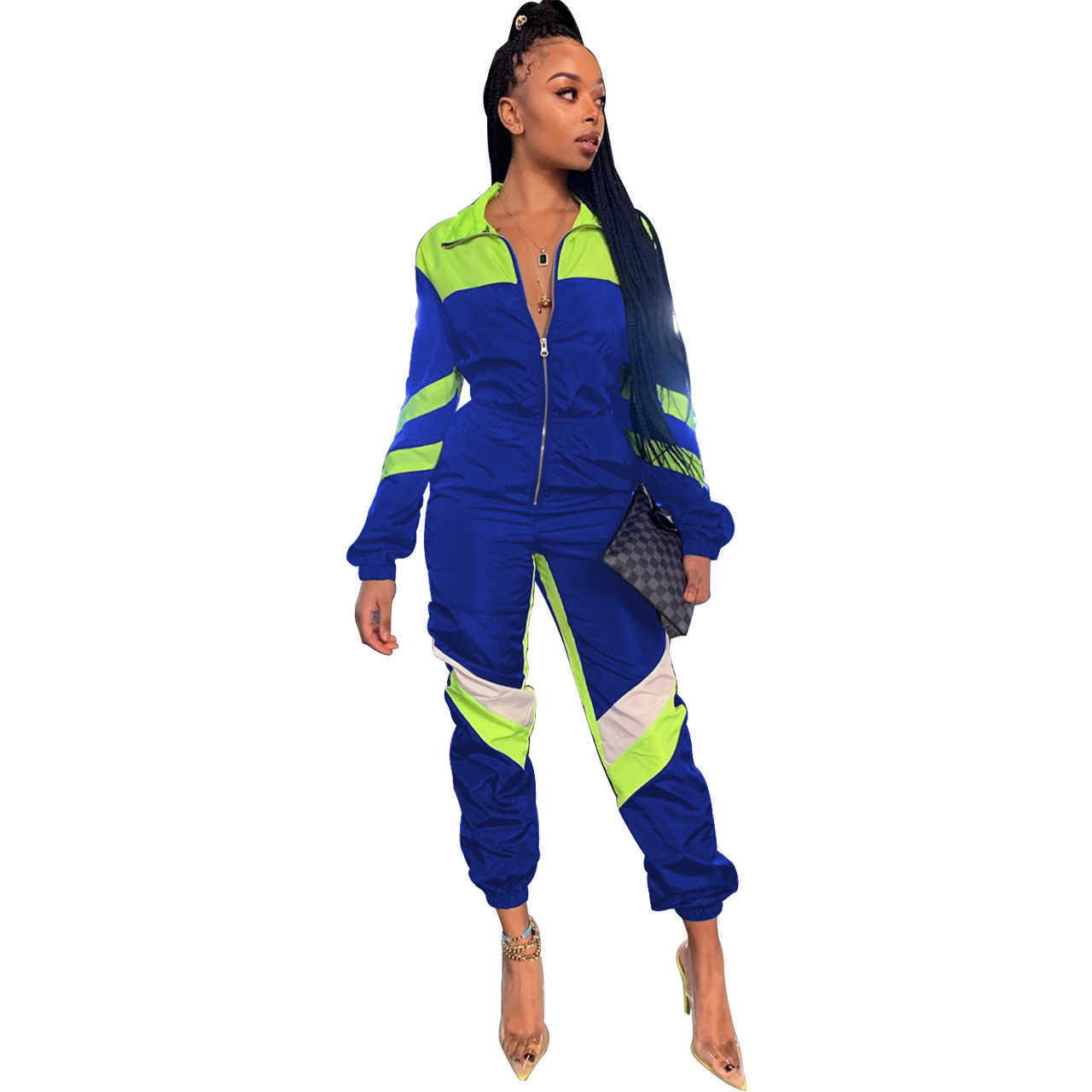 Winter Lady Turn-down Collar Zipper Jumpsuits Full Sleeve V-Neck Patchwork Night Club Party Casual Ogrodniczki Damskie 210604