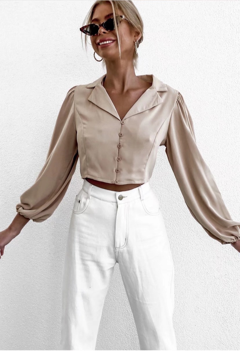 Retro Notched Collar High Waist Short Shirt French Apricot Single-breasted Button Long sleeve Women Blouse Vintage Tops 210429