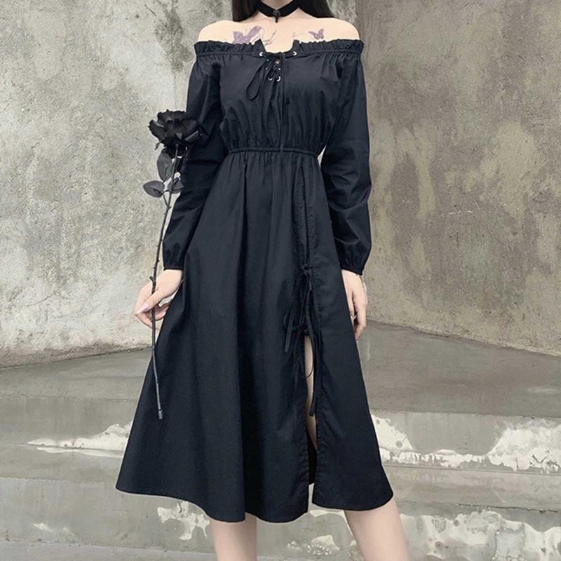 Casual Dresses Vintage Sexy Women Black Gothic Off Shoulder Dress Long Sleeve Hollow Out Bandage Patchwork Punk Split Party Femme Robe#g3
Casual Dresses Vintage Sexy Women Black Gothic Off Shoulder Dress Long Sleeve Hollow Out Bandage Patchwork Punk Split Party Femme Robe#g3