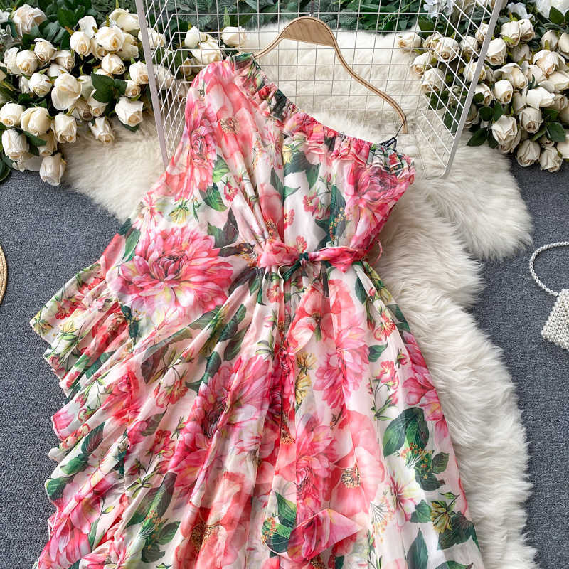 DEAT Women Printing Ruffles Dress Diagonal Collar Sleeveless Arrivals Lady Sexy Fashion Spring Summer 11D1716 210709