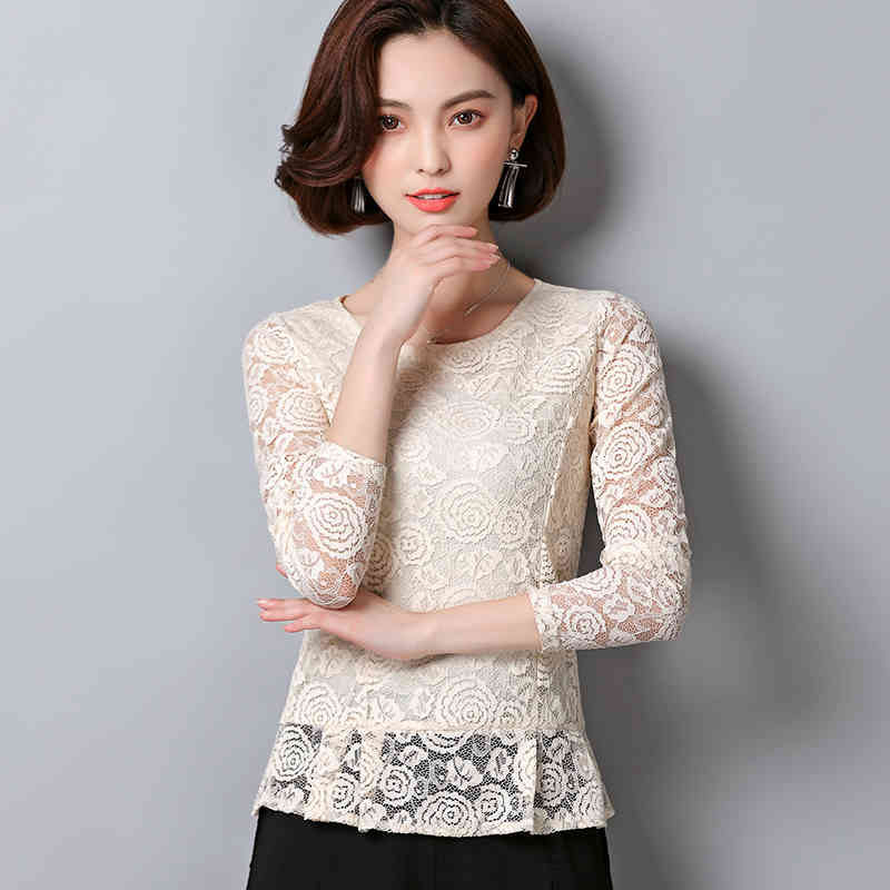 Slim Long Sleeve Shirts Pullover Autumn Winter Fashion Lace Hollow Women Blouses Sexy Solid Print Ladies Tops Elegant 6917 50 210510