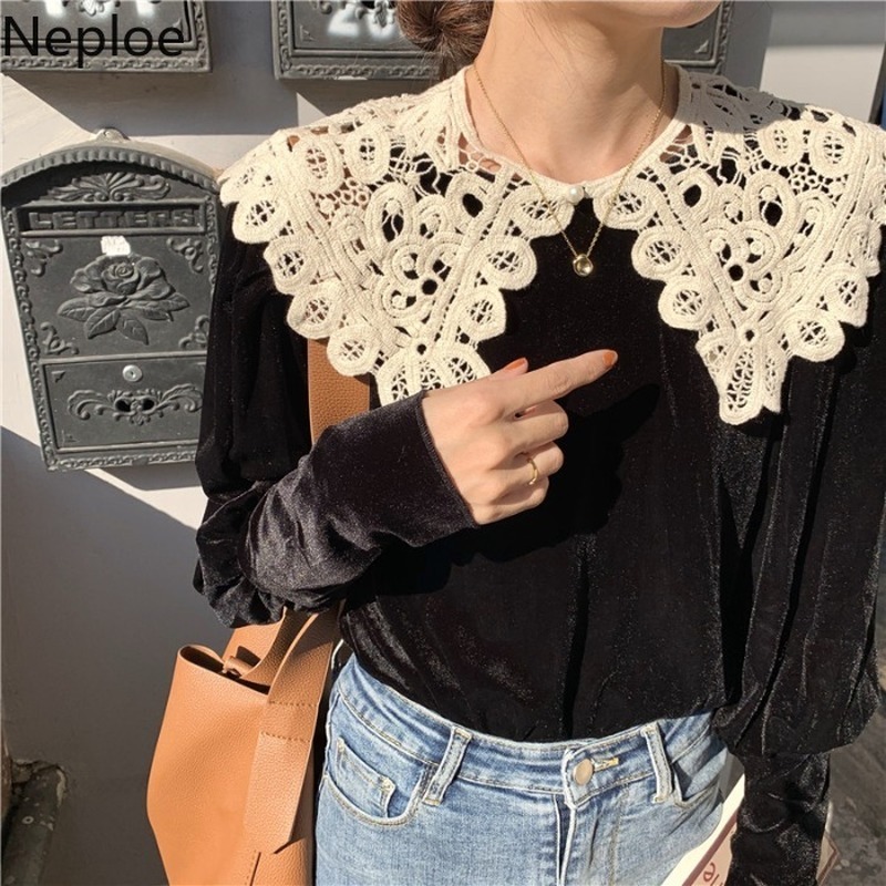 Neploe Blusas Mujer De Moda Korean Vintage Lantern Sleeve Shirts Tops Peter Pan Collar Detachable Velvet Blouses Women 210422