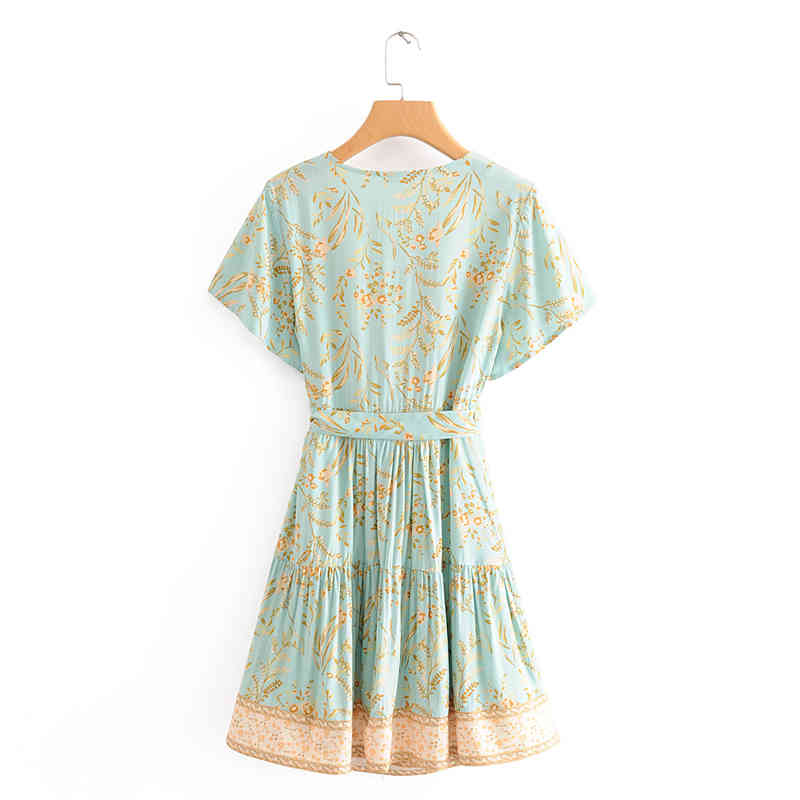 beauty Fashion Boho Deep V-neck Wrap Dress Women Holiday Summer Print Beach Mini Dresses Mujer Vestido De Moda 210514