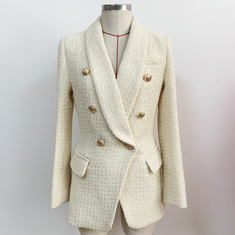 White Tweed Blazer Women Summer Casual Double-breasted Shawl Collar Thick Long Office Business Blazers Jackets 210525